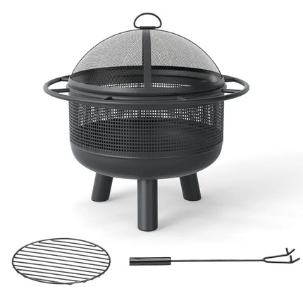 24 Inch Wood Burning Fire Pit with Log Grate and Mesh Screen for Outside - Black - Fire Pits