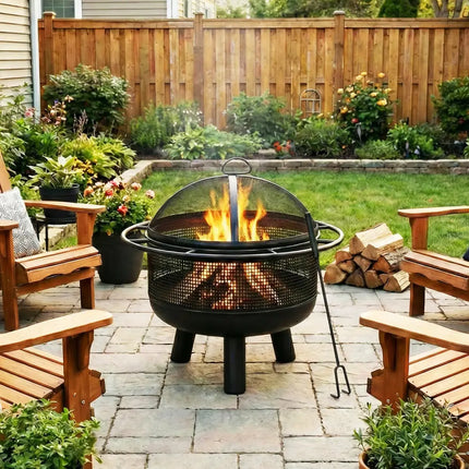 24 Inch Wood Burning Fire Pit with Log Grate and Mesh Screen for Outside - Black - Fire Pits