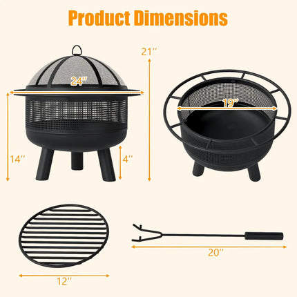 24 Inch Wood Burning Fire Pit with Log Grate and Mesh Screen for Outside - Black - Fire Pits
