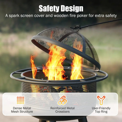 24 Inch Wood Burning Fire Pit with Log Grate and Mesh Screen for Outside - Black - Fire Pits