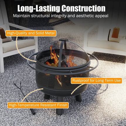 24 Inch Wood Burning Fire Pit with Log Grate and Mesh Screen for Outside - Black - Fire Pits