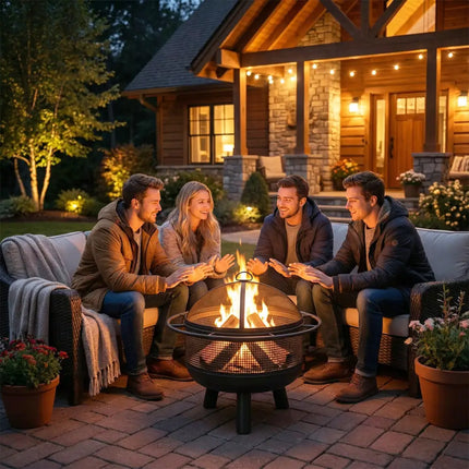24 Inch Wood Burning Fire Pit with Log Grate and Mesh Screen for Outside - Black - Fire Pits