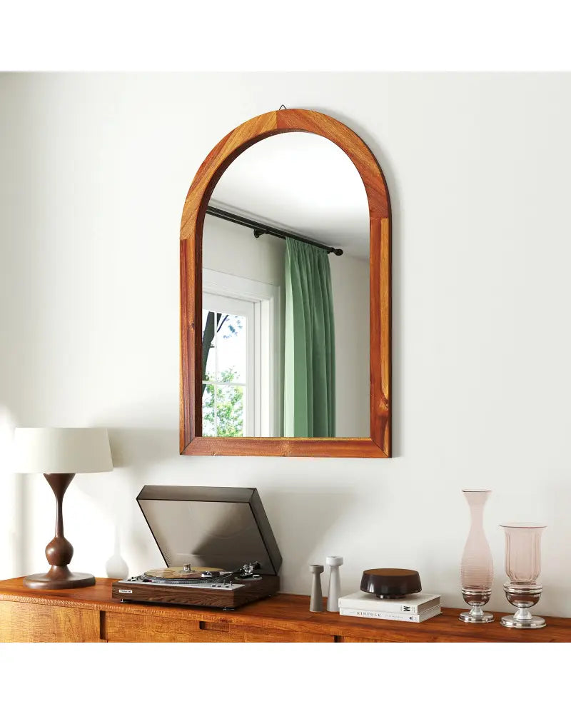 24 Inch x 35 Inch Arched Wall Mirror with Solid Acacia Wood Frame-Brown - Brown - Wall Mirrors