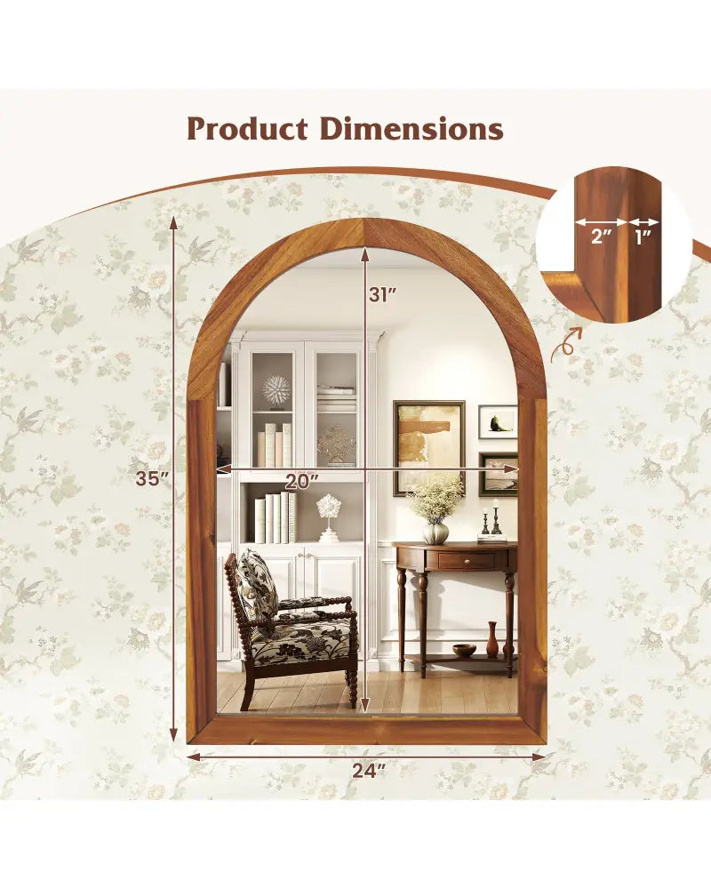24 Inch x 35 Inch Arched Wall Mirror with Solid Acacia Wood Frame-Brown - Brown - Wall Mirrors