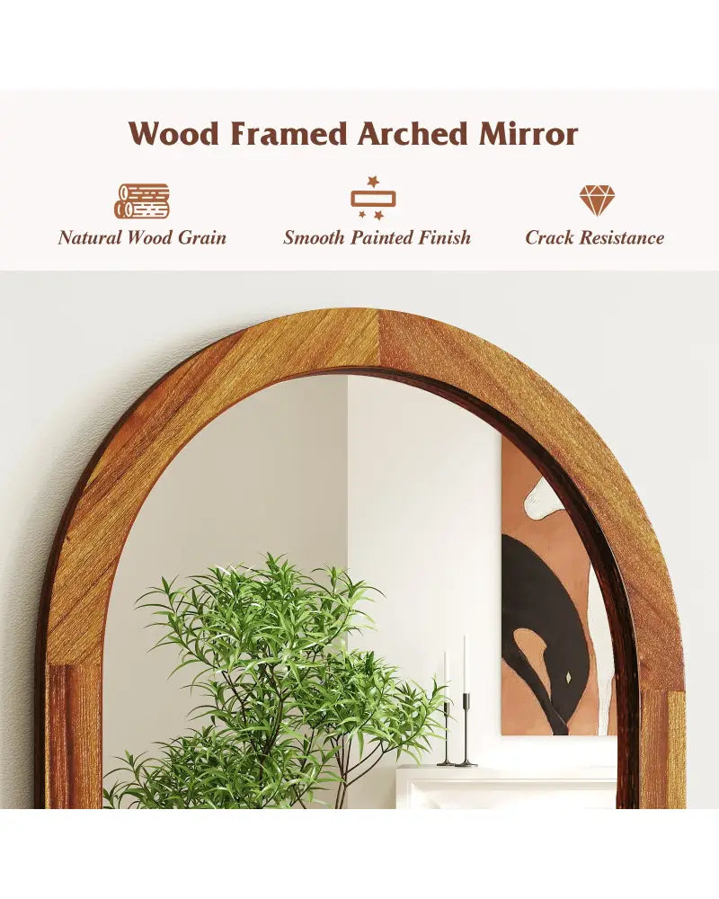 24 Inch x 35 Inch Arched Wall Mirror with Solid Acacia Wood Frame-Brown - Brown - Wall Mirrors
