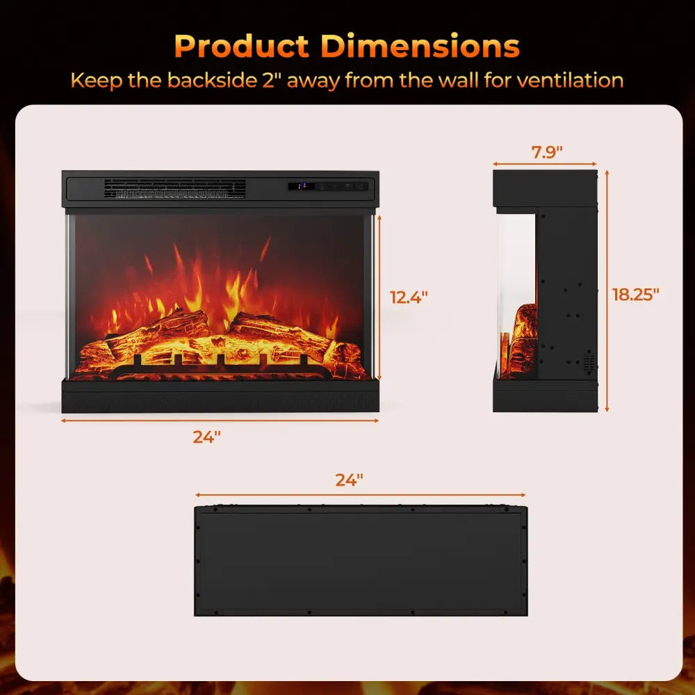 24 Inches 3-Sided Glass Electric Fireplace Heater with Remote Control - Black - Fireplaces