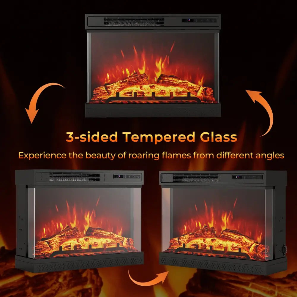 24 Inches 3-Sided Glass Electric Fireplace Heater with Remote Control - Black - Fireplaces