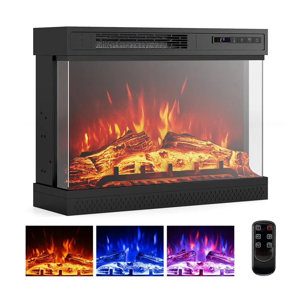 24 Inches 3-Sided Glass Electric Fireplace Heater with Remote Control - Black - Fireplaces
