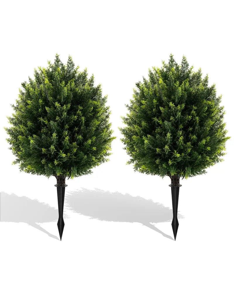 24 Inches Artificial Cypress Topiary Ball Tree Set with Ground Spike-Green - Green - Faux Plants