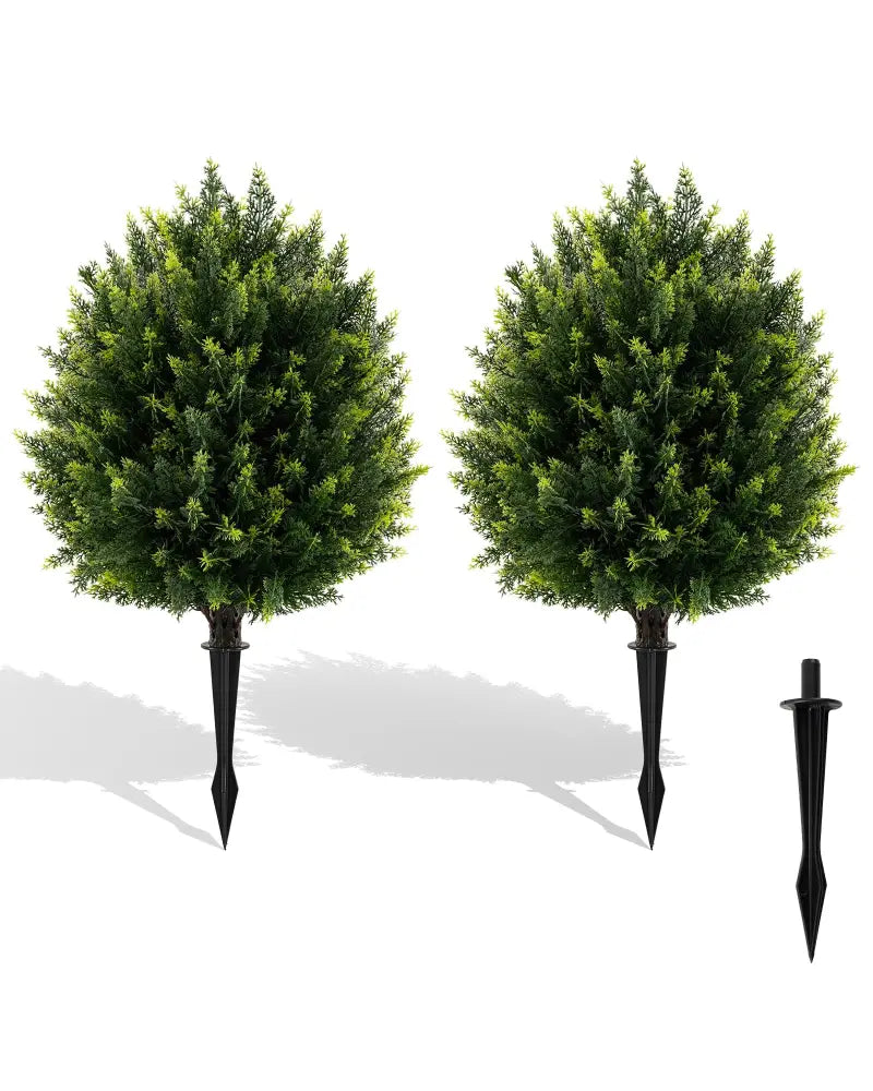 24 Inches Artificial Cypress Topiary Ball Tree Set with Ground Spike-Green - Green - Faux Plants
