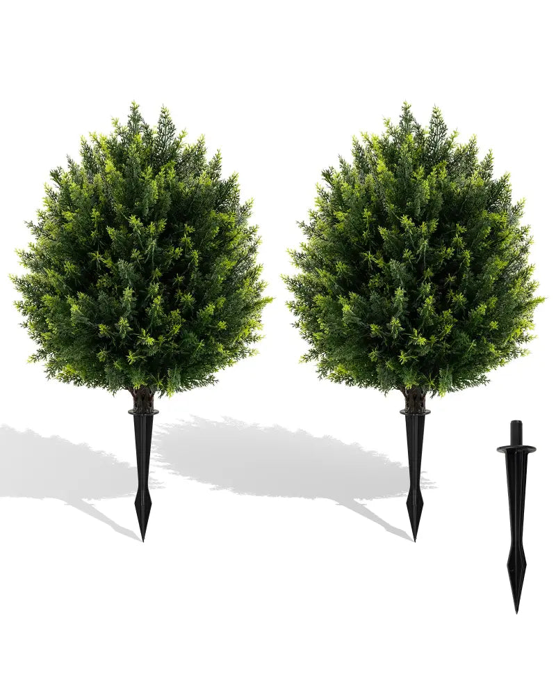 24 Inches Artificial Cypress Topiary Ball Tree Set with Ground Spike-Green - Green - Faux Plants