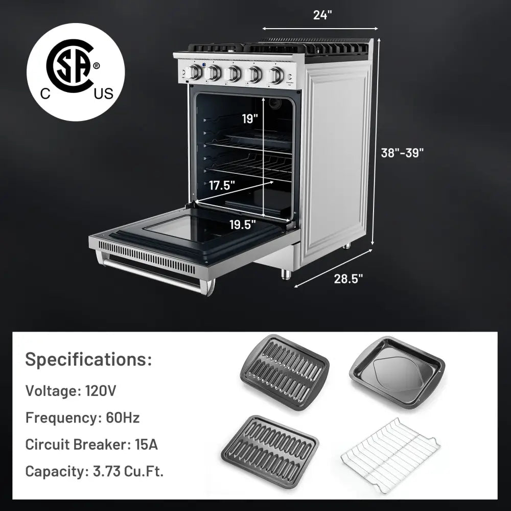 24 Inches Freestanding Natural Gas Range with 4 Burners Cooktop - Food Warmers & Burners