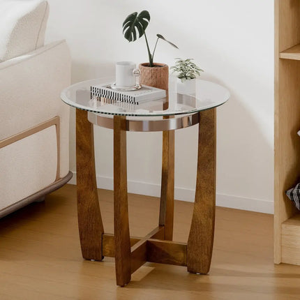24 Inches Round Side Table with Tempered Glass Top and Solid Rubber Wood Base-Walnut Costway