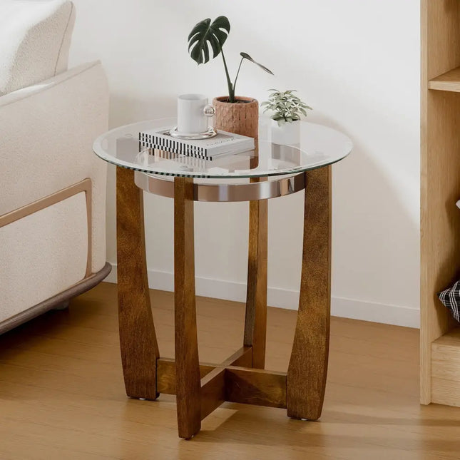 24 Inches Round Side Table with Tempered Glass Top and Solid Rubber Wood Base-Walnut Costway