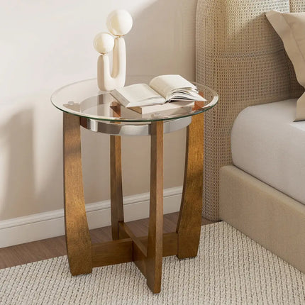 24 Inches Round Side Table with Tempered Glass Top and Solid Rubber Wood Base-Walnut Costway