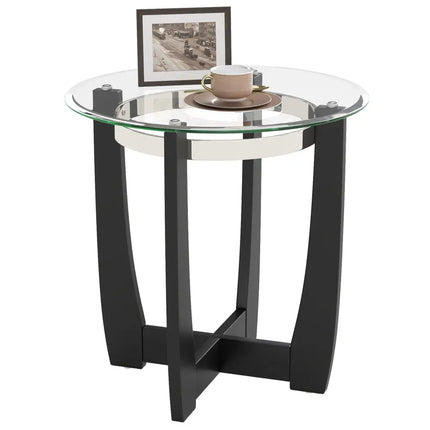 24 Inches Round Side Table with Tempered Glass Top and Solid Rubber Wood Base-Black Costway