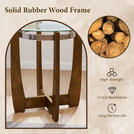 24 Inches Round Side Table with Tempered Glass Top and Solid Rubber Wood Base-Walnut Costway