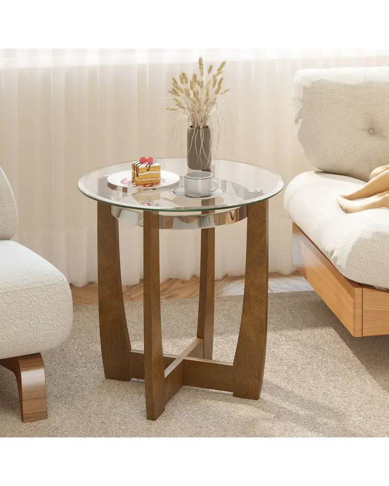 24 Inches Round Side Table with Tempered Glass Top and Solid Rubber Wood Base-Walnut - Walnut - End & Side Tables