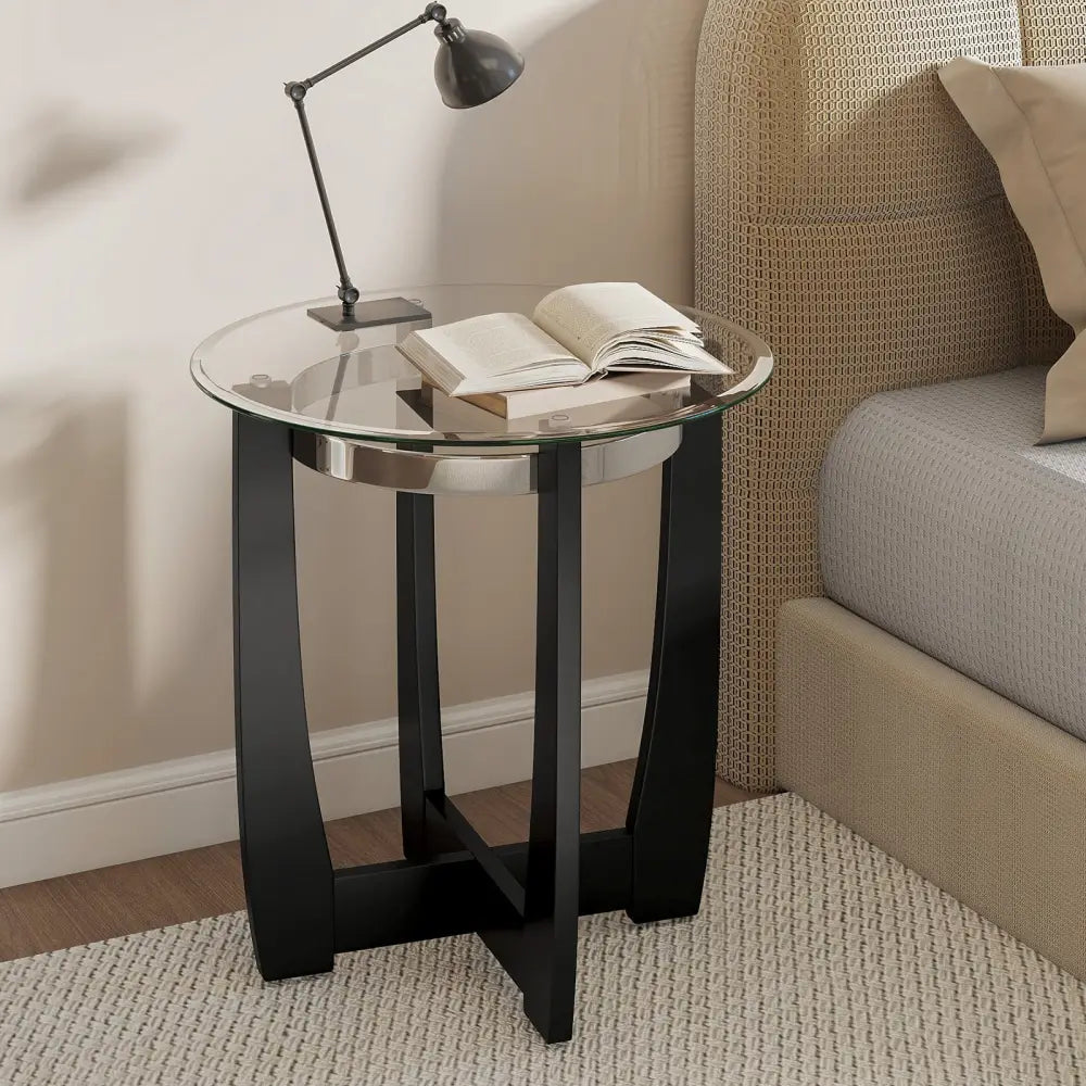 24 Inches Round Side Table with Tempered Glass Top and Solid Rubber Wood Base-Black - Black - End & Side Tables