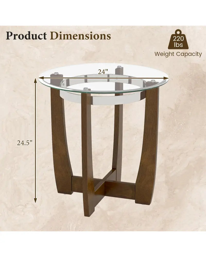 24 Inches Round Side Table with Tempered Glass Top and Solid Rubber Wood Base-Walnut - Walnut - End & Side Tables