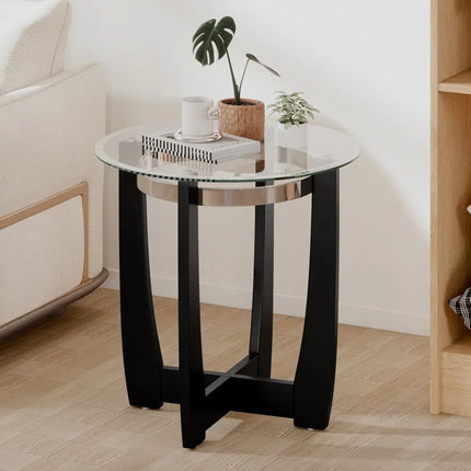 24 Inches Round Side Table with Tempered Glass Top and Solid Rubber Wood Base-Black Costway