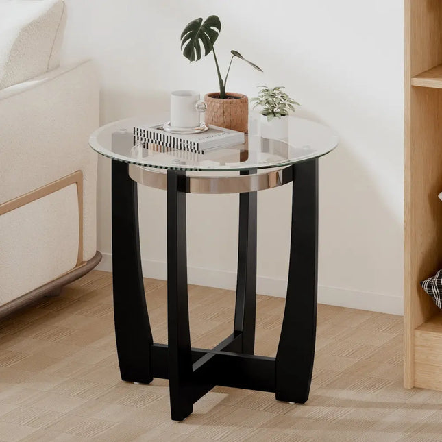 24 Inches Round Side Table with Tempered Glass Top and Solid Rubber Wood Base-Black Costway