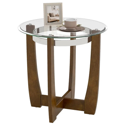 24 Inches Round Side Table with Tempered Glass Top and Solid Rubber Wood Base-Walnut Costway