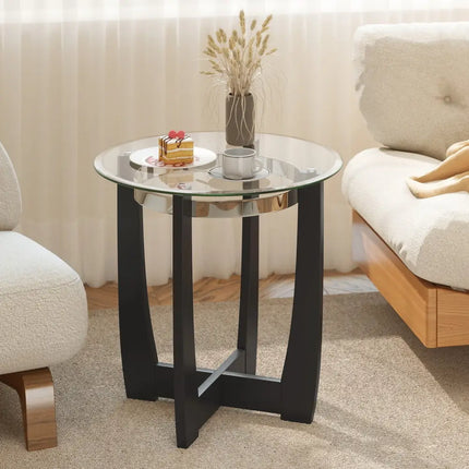 24 Inches Round Side Table with Tempered Glass Top and Solid Rubber Wood Base-Black Costway