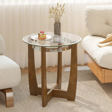 24 Inches Round Side Table with Tempered Glass Top and Solid Rubber Wood Base-Walnut Costway