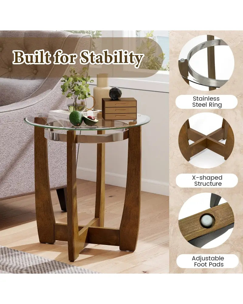24 Inches Round Side Table with Tempered Glass Top and Solid Rubber Wood Base-Walnut - Walnut - End & Side Tables