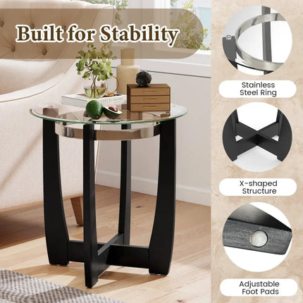24 Inches Round Side Table with Tempered Glass Top and Solid Rubber Wood Base-Black Costway