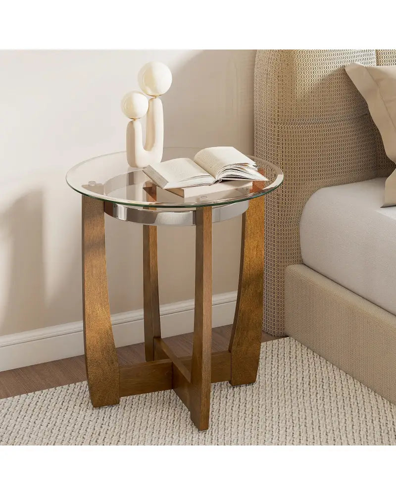 24 Inches Round Side Table with Tempered Glass Top and Solid Rubber Wood Base-Walnut - Walnut - End & Side Tables