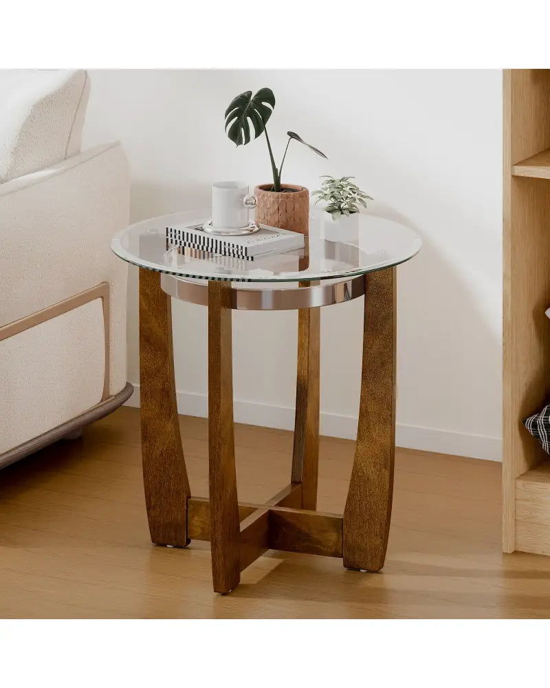 24 Inches Round Side Table with Tempered Glass Top and Solid Rubber Wood Base-Walnut - Walnut - End & Side Tables