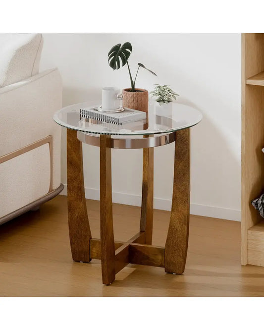 24 Inches Round Side Table with Tempered Glass Top and Solid Rubber Wood Base-Walnut - Walnut - End & Side Tables