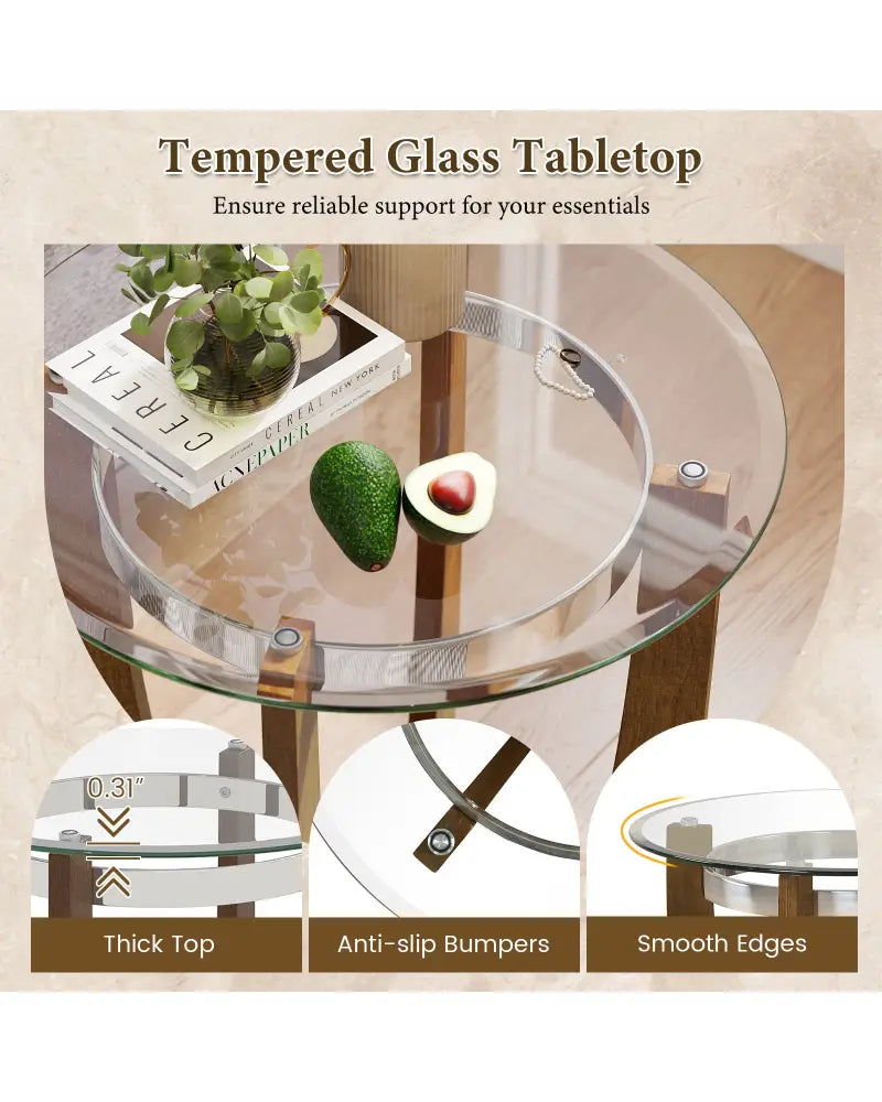 24 Inches Round Side Table with Tempered Glass Top and Solid Rubber Wood Base-Walnut - Walnut - End & Side Tables