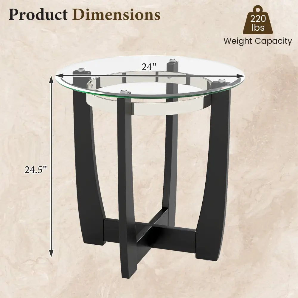 24 Inches Round Side Table with Tempered Glass Top and Solid Rubber Wood Base-Black - Black - End & Side Tables