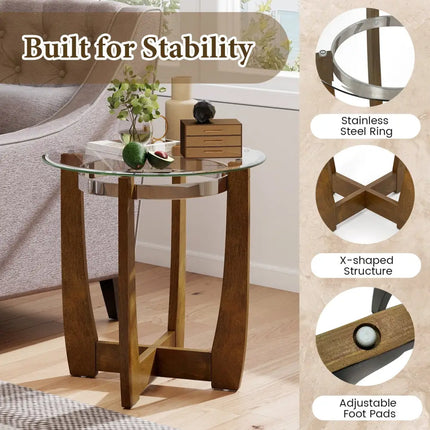 24 Inches Round Side Table with Tempered Glass Top and Solid Rubber Wood Base-Walnut Costway