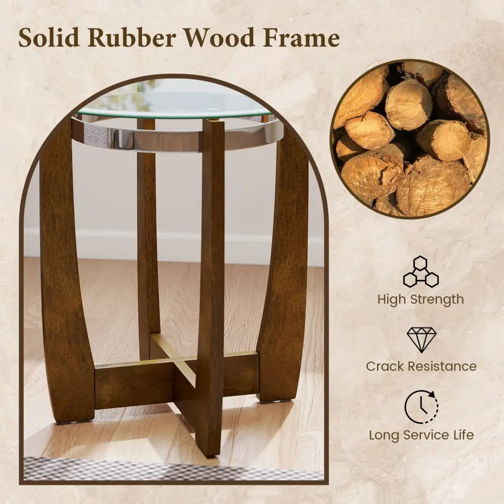24 Inches Round Side Table with Tempered Glass Top and Solid Rubber Wood Base-Walnut - Walnut - End & Side Tables