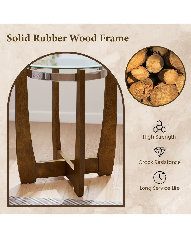 24 Inches Round Side Table with Tempered Glass Top and Solid Rubber Wood Base-Walnut - Walnut - End & Side Tables