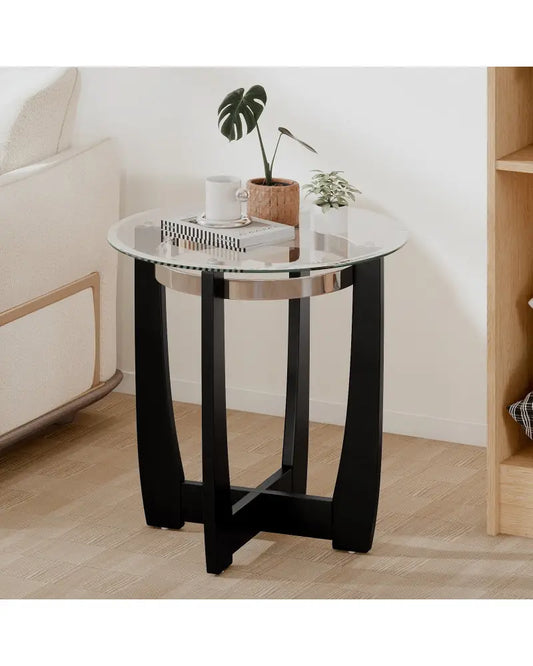24 Inches Round Side Table with Tempered Glass Top and Solid Rubber Wood Base-Black - Black - End & Side Tables