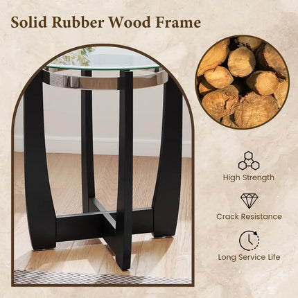 24 Inches Round Side Table with Tempered Glass Top and Solid Rubber Wood Base-Black Costway