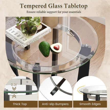 24 Inches Round Side Table with Tempered Glass Top and Solid Rubber Wood Base-Black Costway