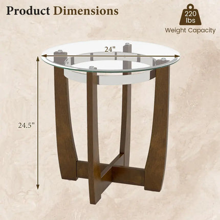 24 Inches Round Side Table with Tempered Glass Top and Solid Rubber Wood Base-Walnut Costway