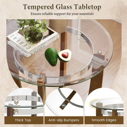 24 Inches Round Side Table with Tempered Glass Top and Solid Rubber Wood Base-Walnut Costway