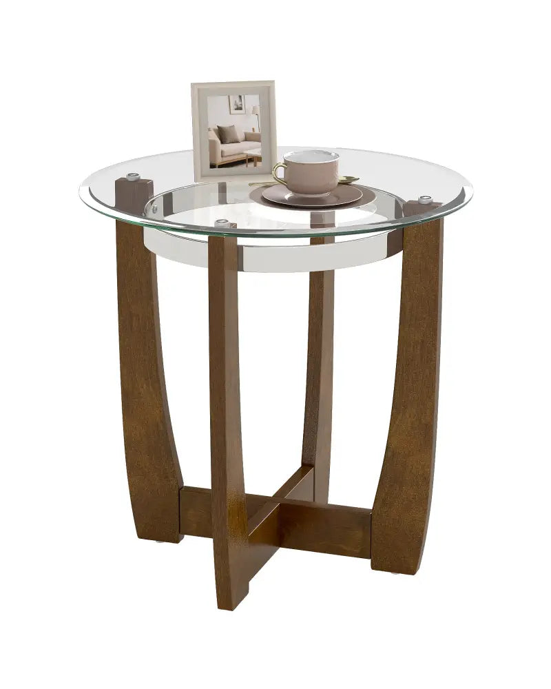 24 Inches Round Side Table with Tempered Glass Top and Solid Rubber Wood Base-Walnut - Walnut - End & Side Tables