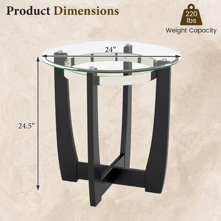 24 Inches Round Side Table with Tempered Glass Top and Solid Rubber Wood Base-Black Costway