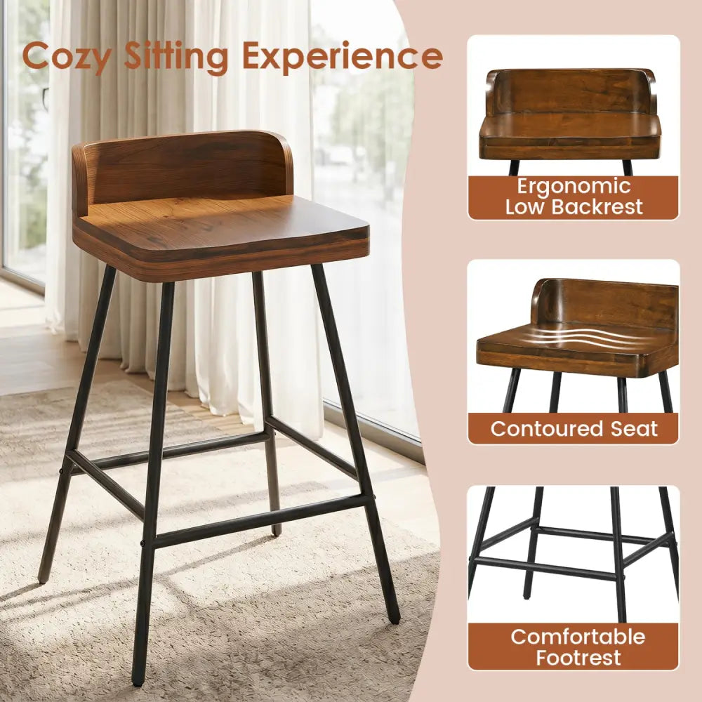 24’’ Industrial Rubber Wood Bar Stool with Low Back Metal Legs and Footrest-Brown - Brown - Bar Stools