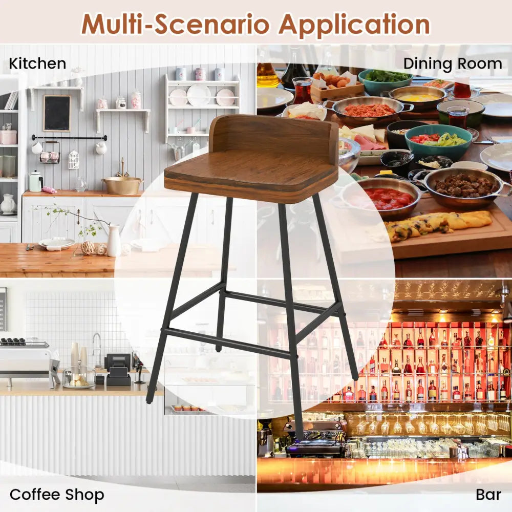 24’’ Industrial Rubber Wood Bar Stool with Low Back Metal Legs and Footrest-Brown - Brown - Bar Stools