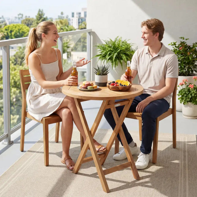 24’’ Round Solid Teak Outdoor Folding Bistro Table with Footrest - Patio Dining Tables