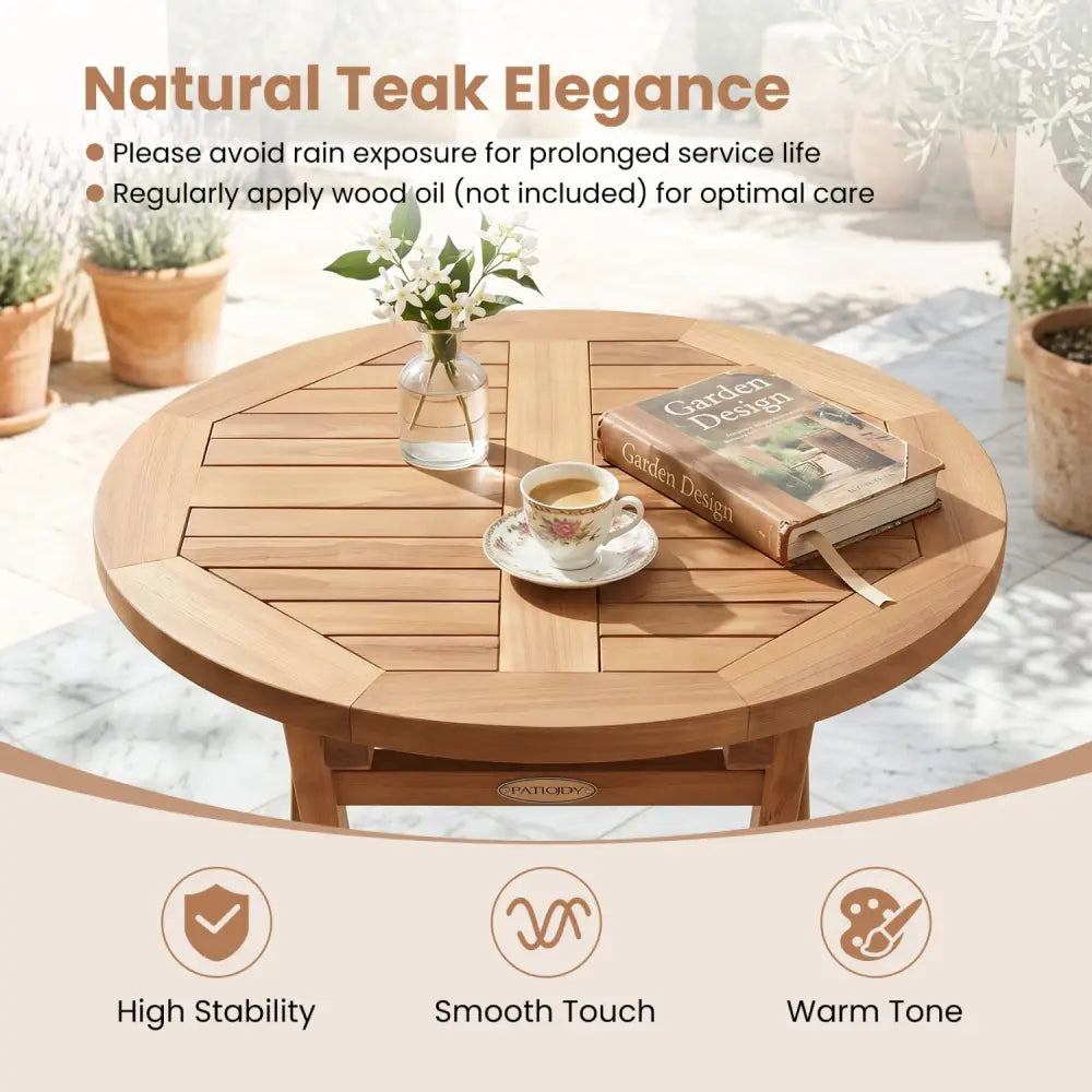 24’’ Round Solid Teak Outdoor Folding Bistro Table with Footrest - Patio Coffee Tables